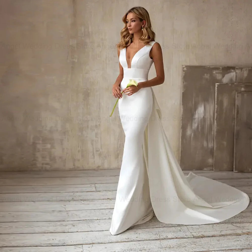 ANGEL Mermaid Elegant Wedding Dress 2025 Customized Detachable Train Bow V-Neck Simple Bridal Gown Sleeveless Vestidos De Novia