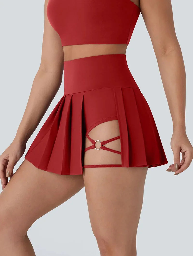 Women Inside Safe Shorts Tennis Skirts Red Cross Bandage Running Sports Pleated Skirt Woman High Waist Fitness Yoga Mini Skirts