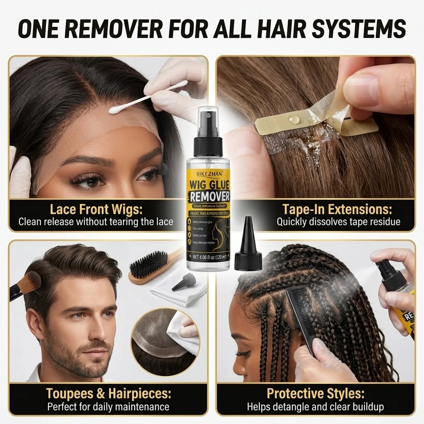 SIKEZHAN 120ml Wig Glue Remover Gentle Citrus Lace Adhesive Solvent Spray with Precision Tip for Toupee Hair Extension Tape