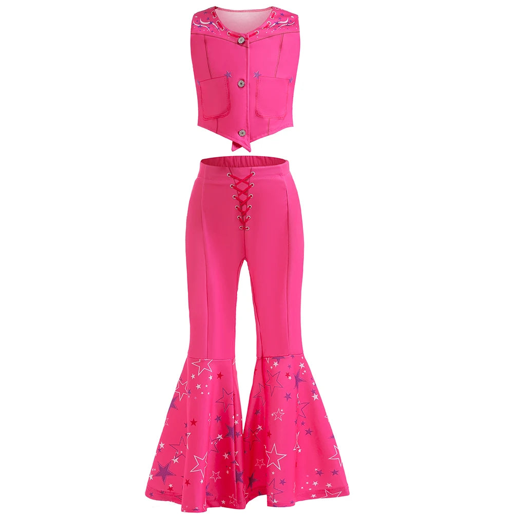 Girls Margot Movie Cospaly Costume Pink Vest Top And Flared Trousers For Kids Barbe Halloween Birthday Party Carnival Outfits