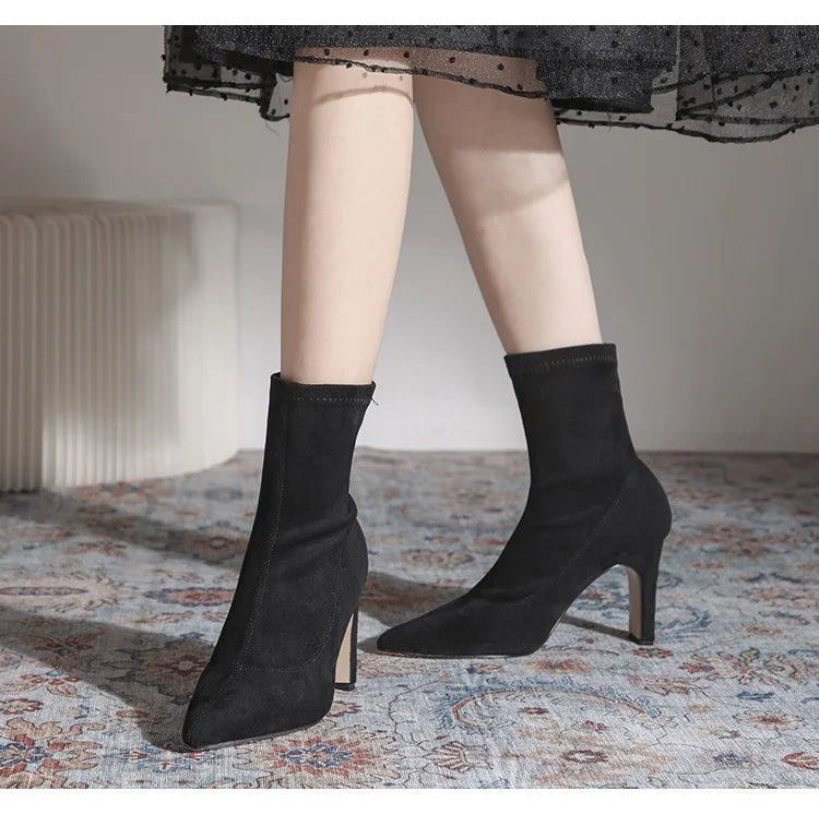 Women Boots Short High Heels Shoes for Women Autumn Winter Botas Mujer Ankle Boots Black Sock Women Heels Boots Female D220