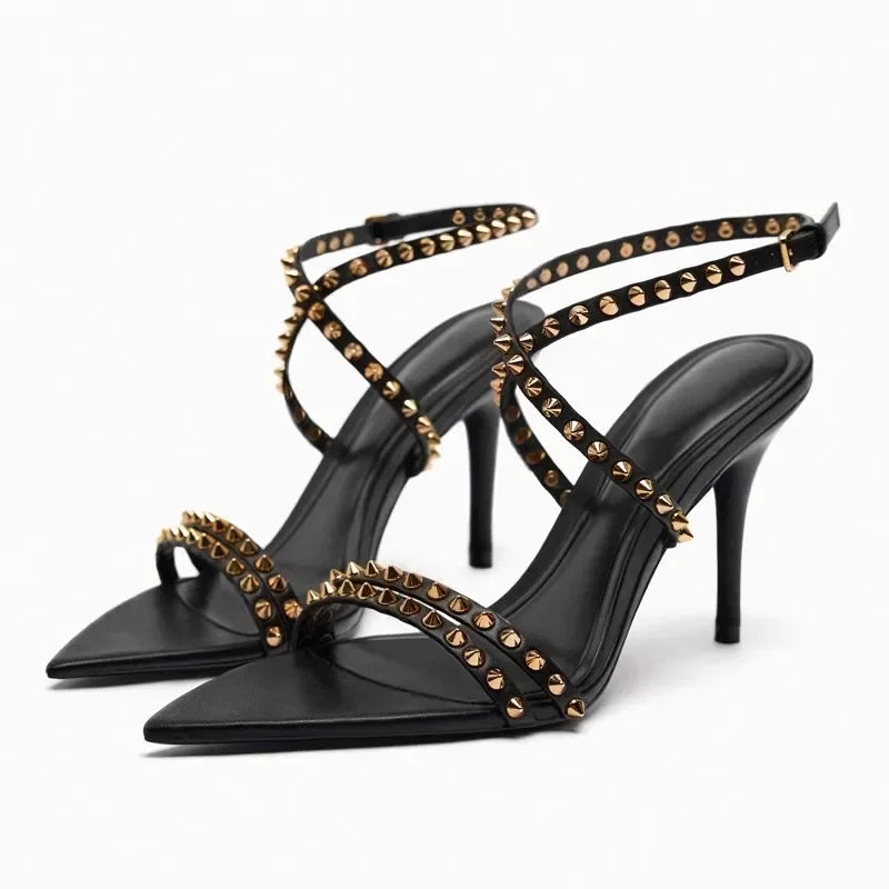 Luxury Designer Rivet Embellished Thin Heeled Sandals Women Summer Sexy Pointed Toe Ankle Strap High Heels Elegant Party Shoes
