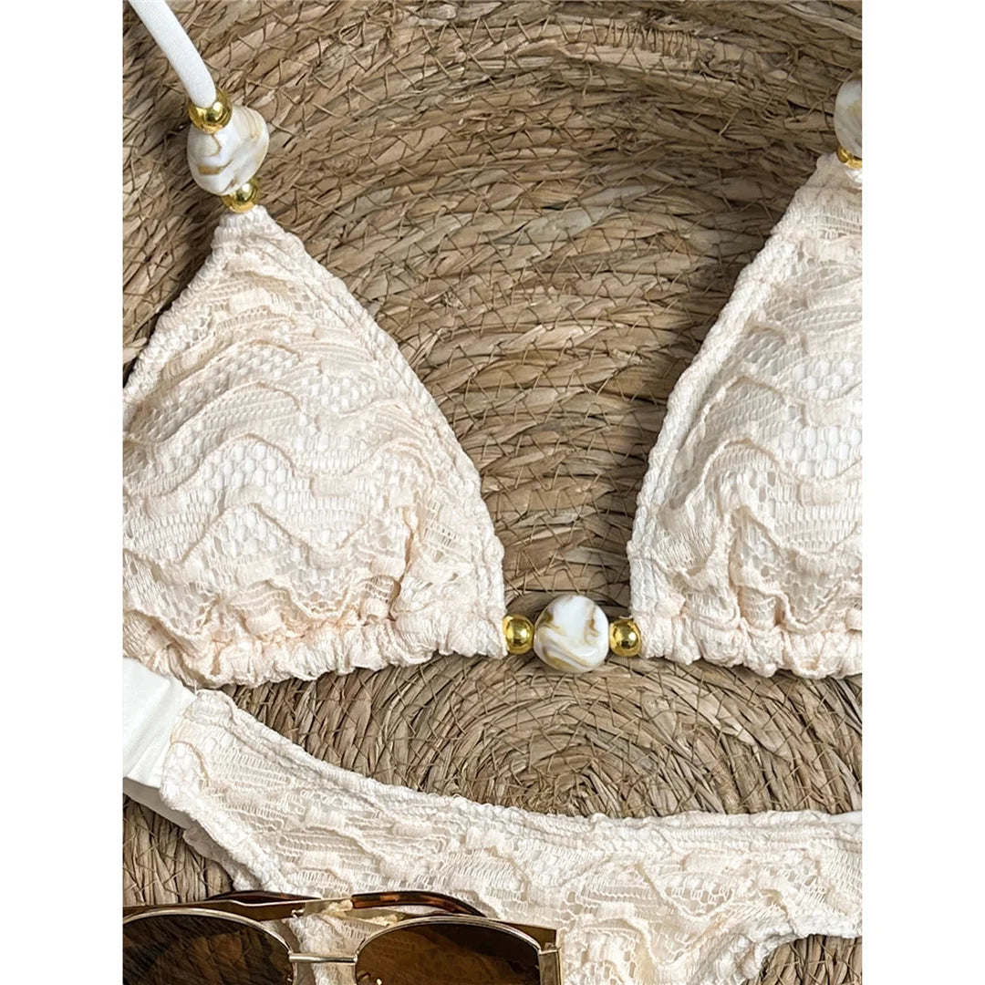 2026 Wrinkled Crinkled Halter Bikini Women Swimwear Female Swimsuit Two-Pieces Bikini Set Padded Bather Bathing Suit Swim V8135
