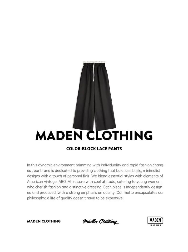 Maden Women's Wide Leg Patchwork Pants Black Elastic Waist with Drawstring Trousers Breathable Office Dress Pants for Summer