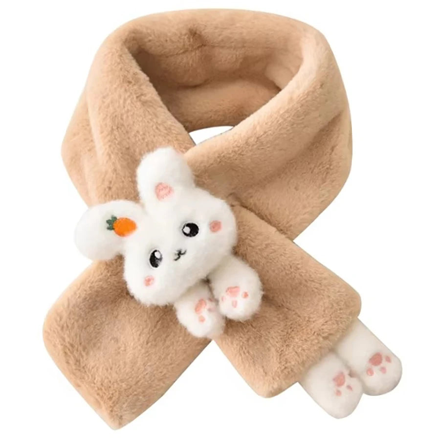 Girls Winter Warm Scarfs Thick Plush Cross Children's Scarf Baby Bib Cute Cartoon Rabbit Faux Fur Cross Neckerchief Protection S