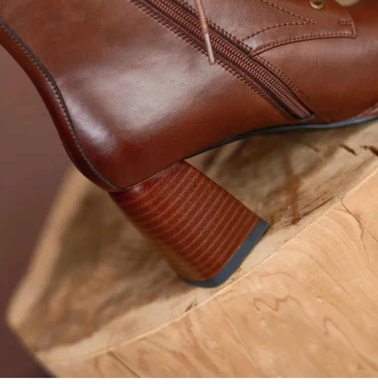New Autumn/Winter Women Boots Cow Leather Fashion Women Shoes Square Toe High Heel Shoes for Women Lace Up Modern Short Boots