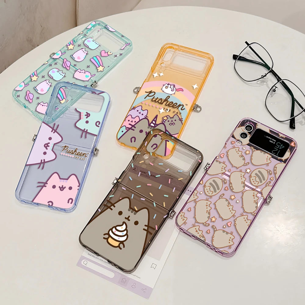 Cute Cartoon Funny Donuts P-Pusheens Cat Phone Case for Motorola Moto Razr 40 50 60 Ultra 5G Semi-transparent Foldable TPU Cover
