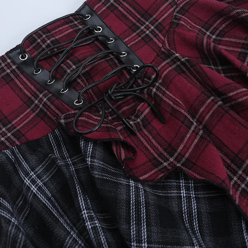 Goth Dark E-girl Streetwear Plaid Patchwork Irregular Hem Short Skirt Gothic Bottoms Y2K Punk Bandage Mini Skirts Alt Clothing