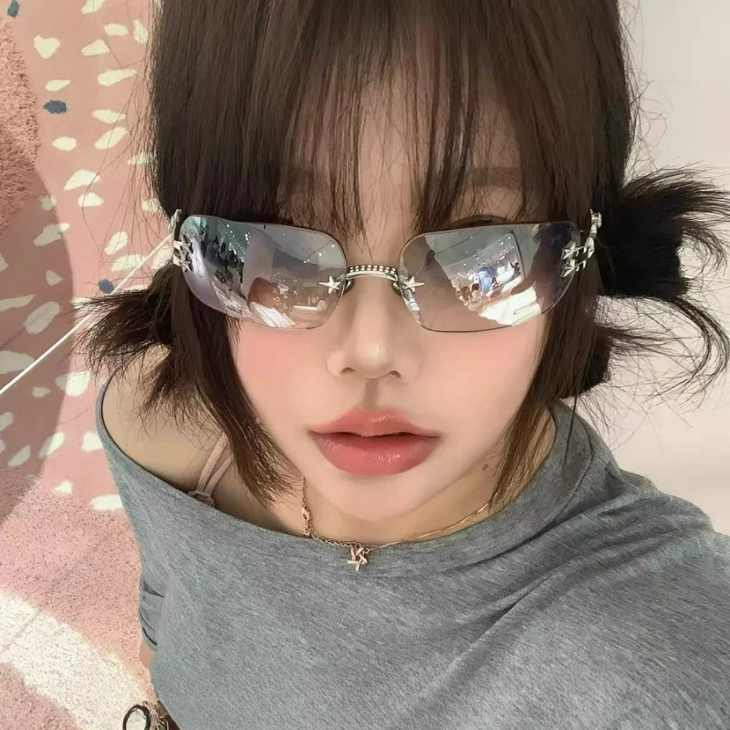 Punk Rimless Square Sunglasses Women Men Metal Bow Frame Luxury Designer Glasses Popular Shade Summer Travel Sun Glasses Eyewear