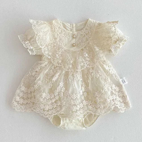2025 New Summer Korean Style Climbing Suit Flying Sleeve Cotton Lace Splicing Toddler Baby Girls Jumpsuit 0-24M Baby Clothing