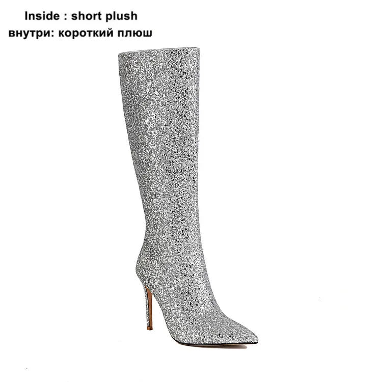 Ochanmeb Sexy Stiletto Heels Silver Red Glitter Boots Women Thin High Heeled Bling Bling Gold Sequined Knee-high Long Boot Party