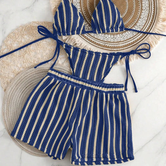 3pcs/Set Bohemian Style Crochet Fabric Drawstring Swimsuit Cover Up Bikini Set For Summer Beach Vacation