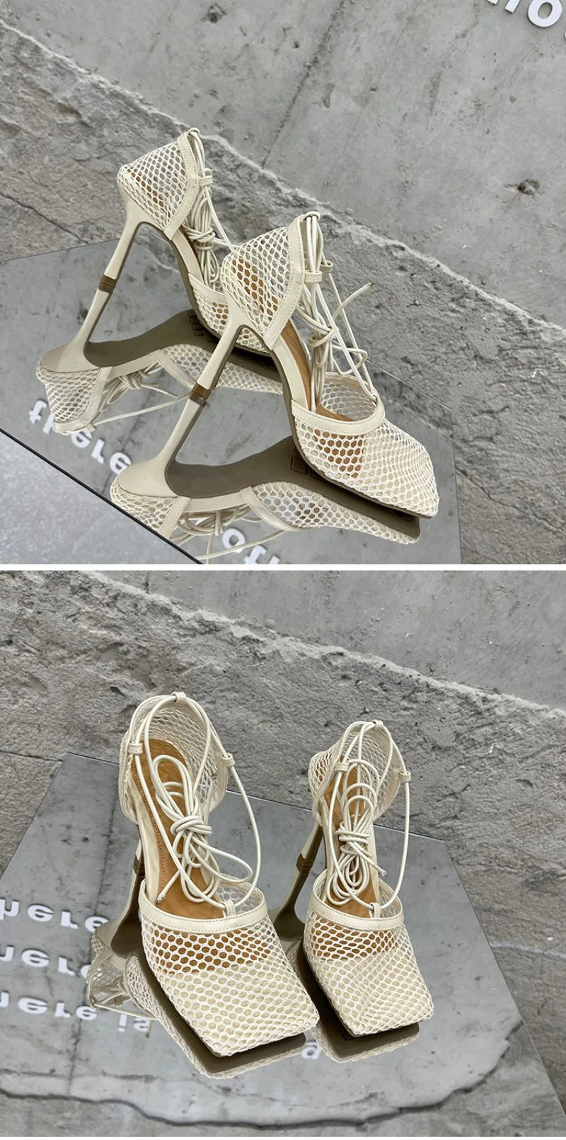 New Women's Shoes Fashion Air Mesh High Heeled Sandals for Woman Exquisite Square Head Casual Shoes Designer Shoes Zapatos Mujer