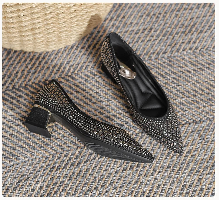 Sequines Cloth Gold rivets pumps women pointed toe glitter med-high heels shoes metal heeled female tacones elegant OL shoes
