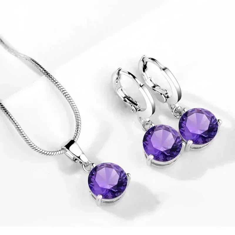 Classic Wedding Jewelry Set For Women Multicolor Zircon Silver Color Earrings Necklace Fashion Gift Jewellery