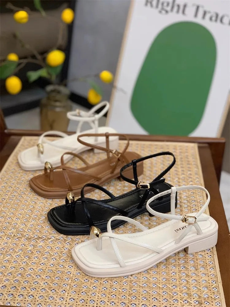Sandals Women 2024 Summer New Fashion Square Toe Roman Shoes Simple Fairy Strap Women Shoes Flat Casual Shoe Sandalias De Mujer