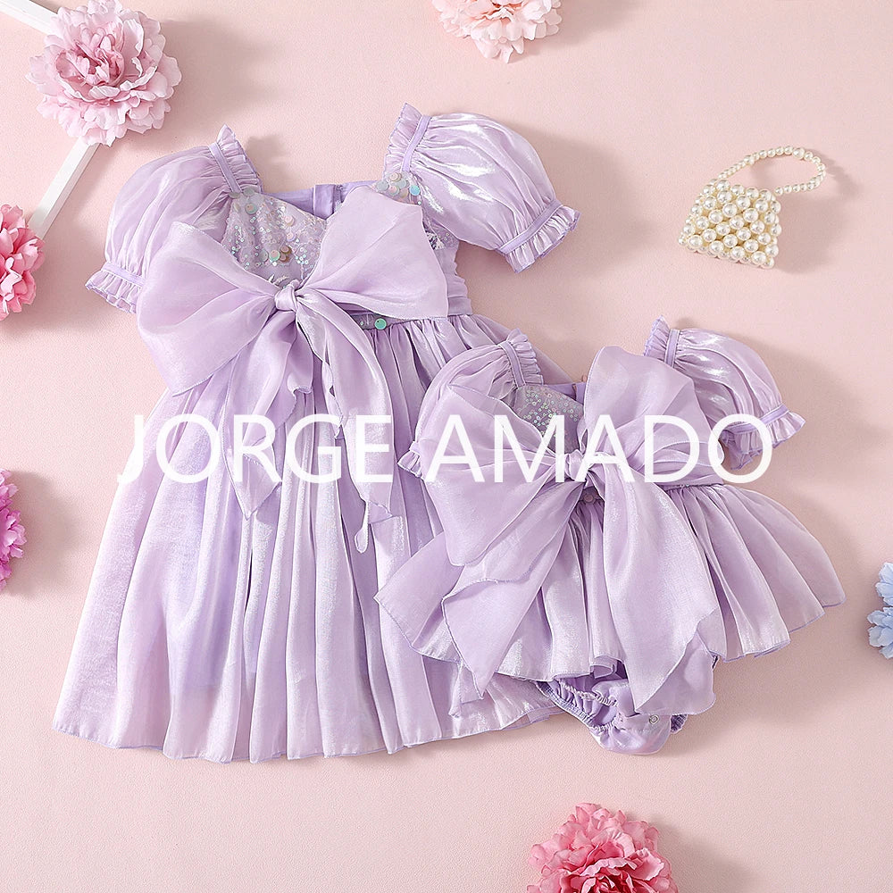 New Summer Sister Girl Matching Romper Dress Short Sling Sleeves Big Bow Bodysuit Sequined Princess Dresses Twins Clothing H1518