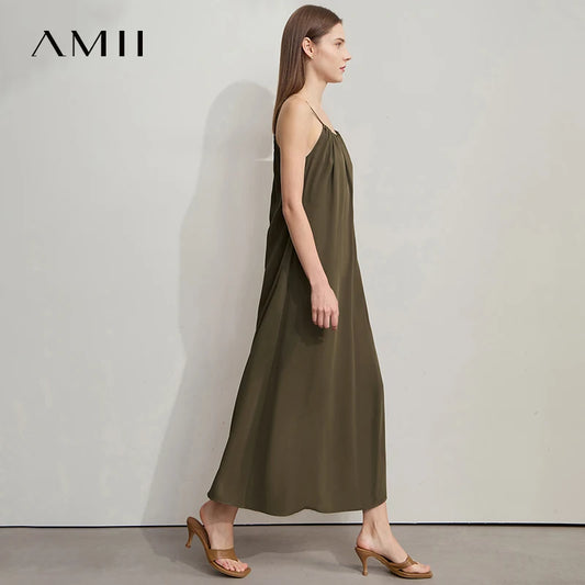AMII Minimalist Office Lady Dress Women 2025 Summer Female Sleeveless U-neck Solid Adjustable Shoulder Strap Dresses 12542192