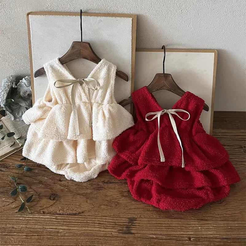 MILANCEL New Winter Baby Bodysuit 3-24M Solid Color Sweet  Infant Girls Pinafore Dress Cute Bow Thicken Loose Toddler Clothes