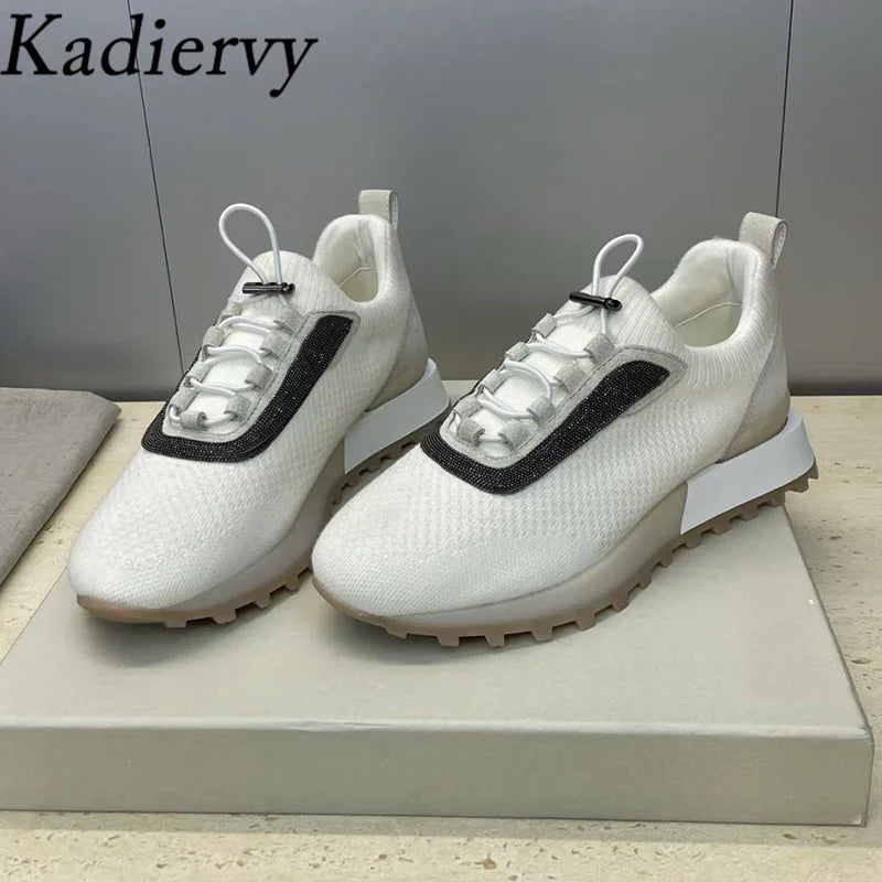 Casual Sneakers Women Round Toe Patchwork Outdoors Running Shoes Cosy Walking Shoes String Bead Lace Up Flat Sports Shoes Woman