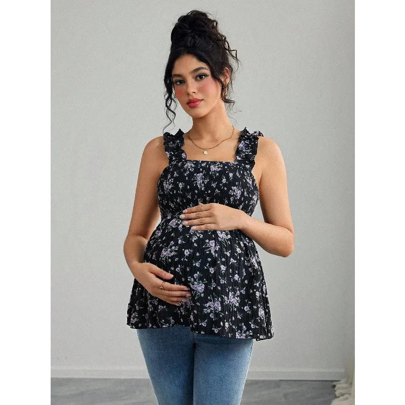 Maternity Clothing Spring and Summer New Printed Suspenders Maternity Top Square Collar A Word Maternity Vest Pregnancy Shirt