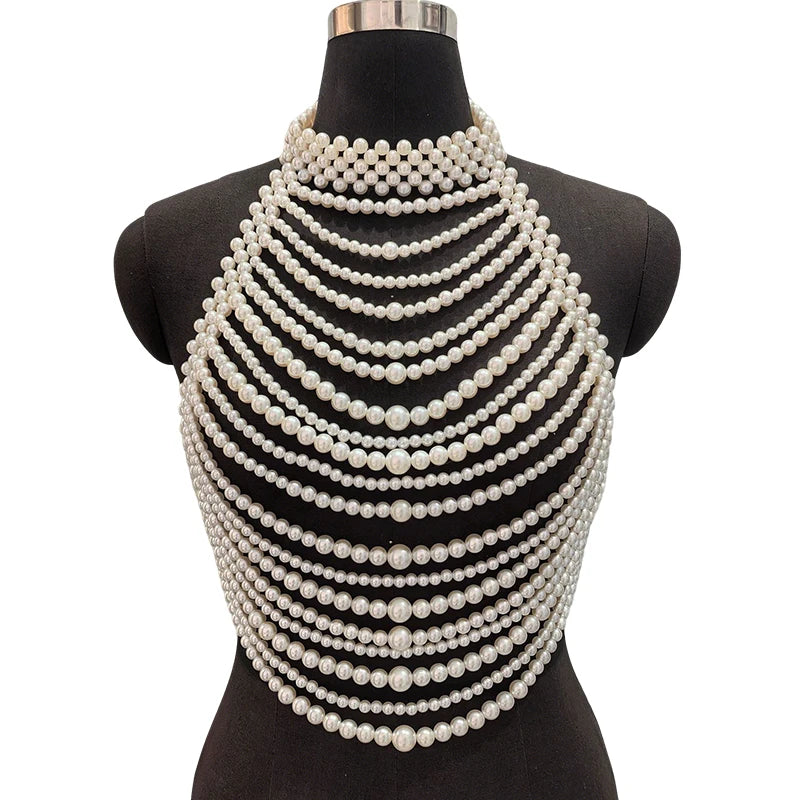 Handmade White Pearl Multilayer Bridal Halter Neck Vest Body Chain Pearl Bralette Chest Harness Beaded Bra