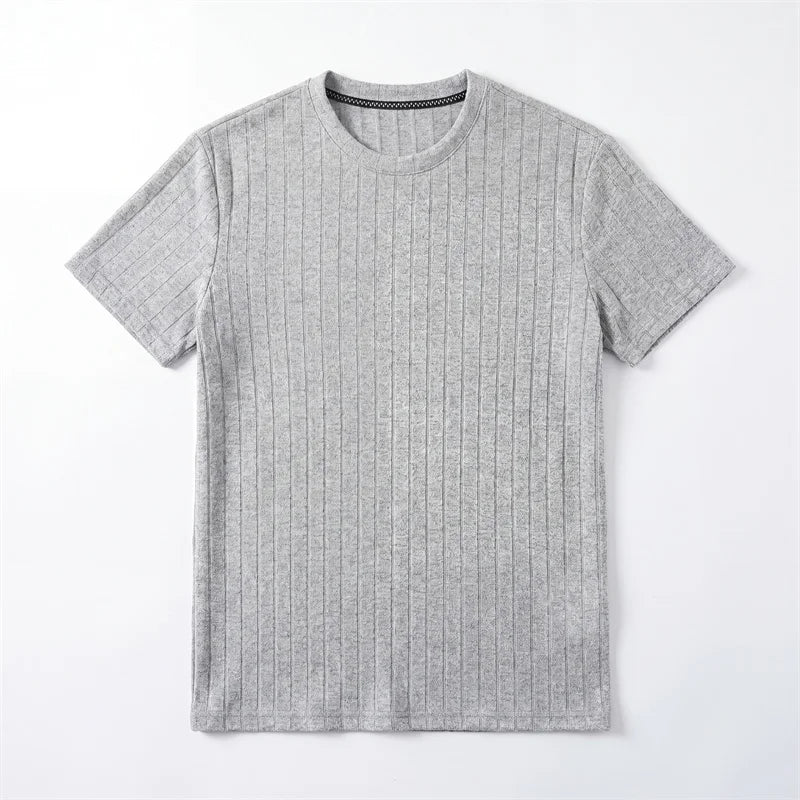 Men's Minimalist Crew Neck Ribbed T Shirt Comfortable Elastic Fabric Short Sleeve For Office And Casual Wear