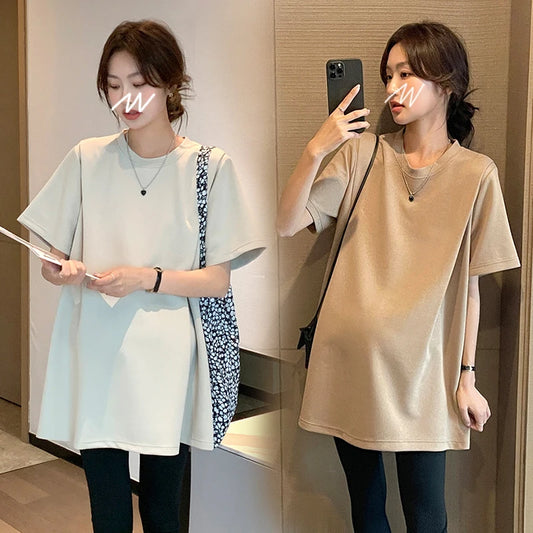 Korean Style Plus Size Maternity Clothing Solid Color Short Sleeve O-neck Long Loose Pregnant Woman Cotton Tees Casual T-shirt