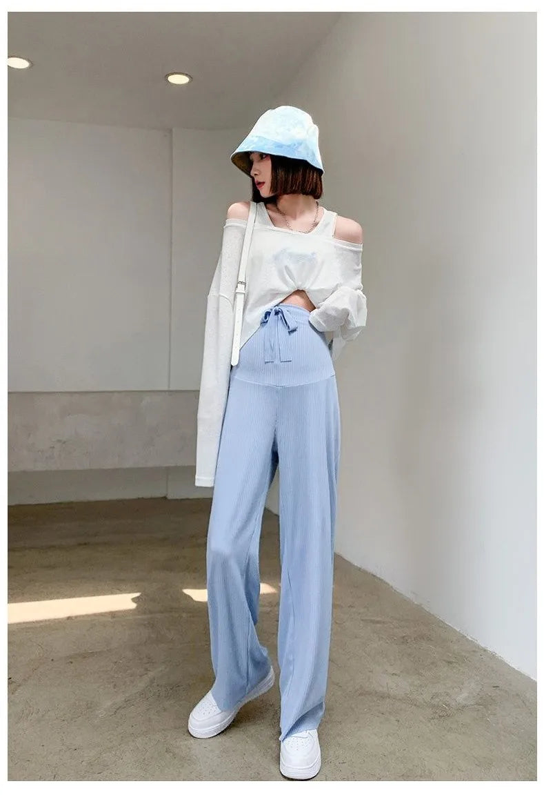 6 Colors Summer Fashion Loose Pants For Pregnant Women Breathable Wide Leg Straight Trousers Adjustable Maternity Clothing