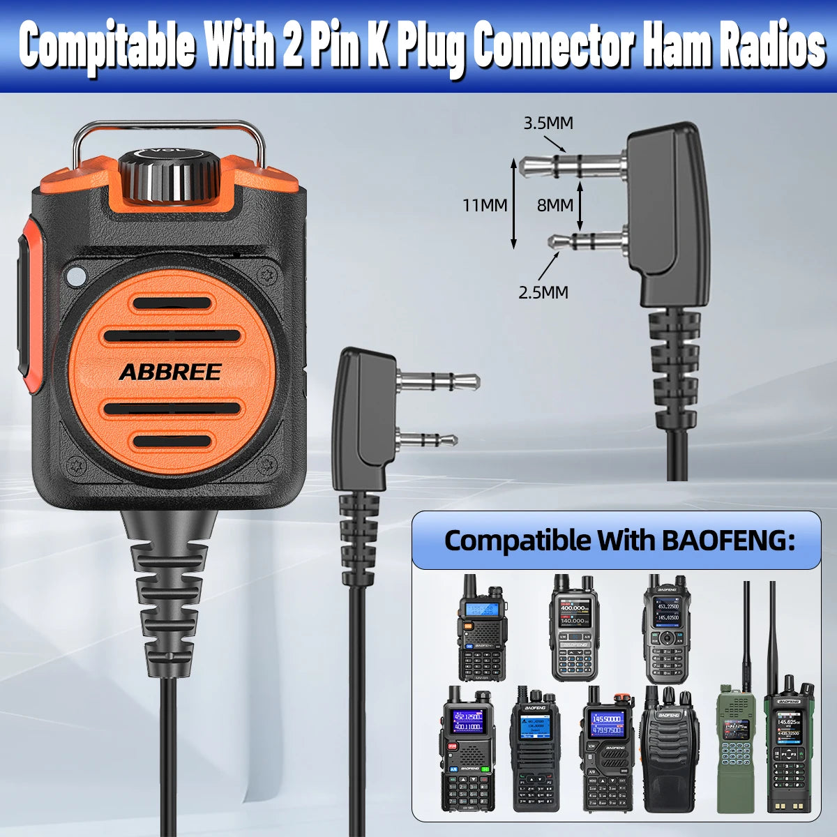 ABBREE AR-158 Speaker Mic Long Standby Volume Adjustable Clear Sound Compatible with Baofeng UV-5R Mini UV-5RH K Type Ham Radio