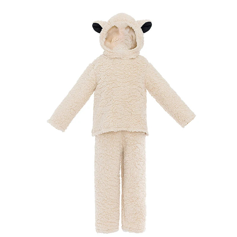 Kids Sheep Costume Fuzzy Long Sleeve Sweatshirt + Pants + Hat + Gloves + Socks 5Pcs Halloween Christmas Outfit