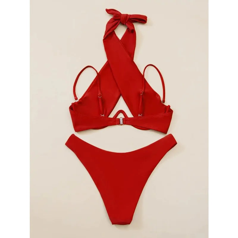Sexy Bikini Women Cross Halter Underwire Swimsuit Split Push Up Bikini Set Female Bathers Swimming Summer Beachwear Bathing Suit