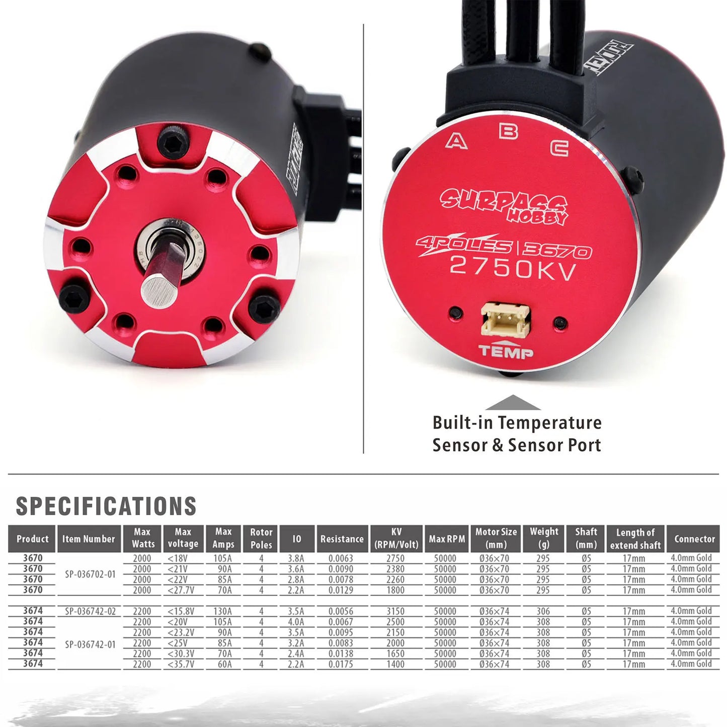 Rocket RC V2 supersonic 3650 3660 3665 3670 3674 Built -in Temperature Sensor Brushless Motor for 1/8 1/10 RC Car Off-Road Boat