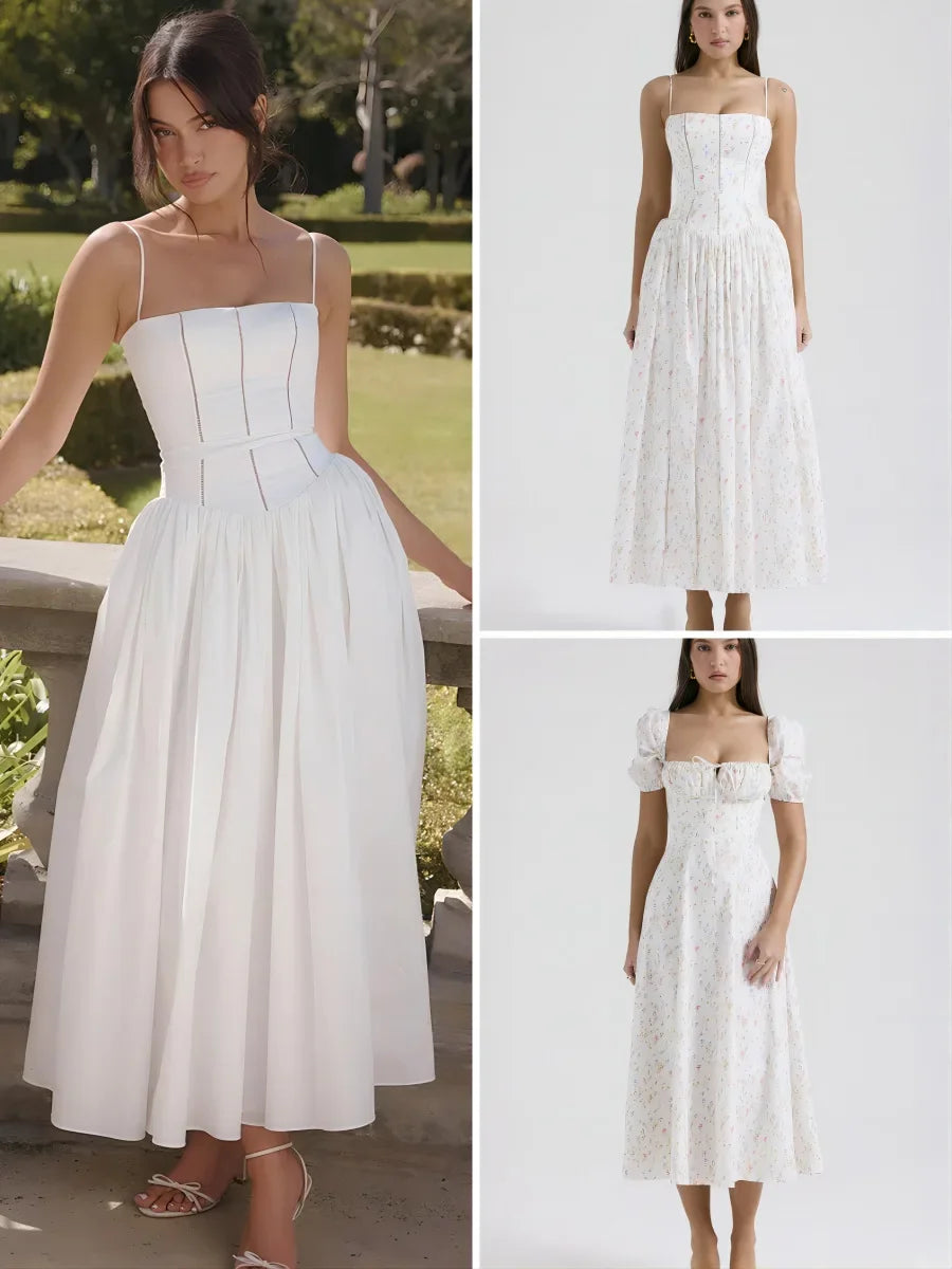 Elegant Fairylike French Style Gentle Floral Print Strapless Midi Dress Slimming Women's Fashion High End Feeling Dress