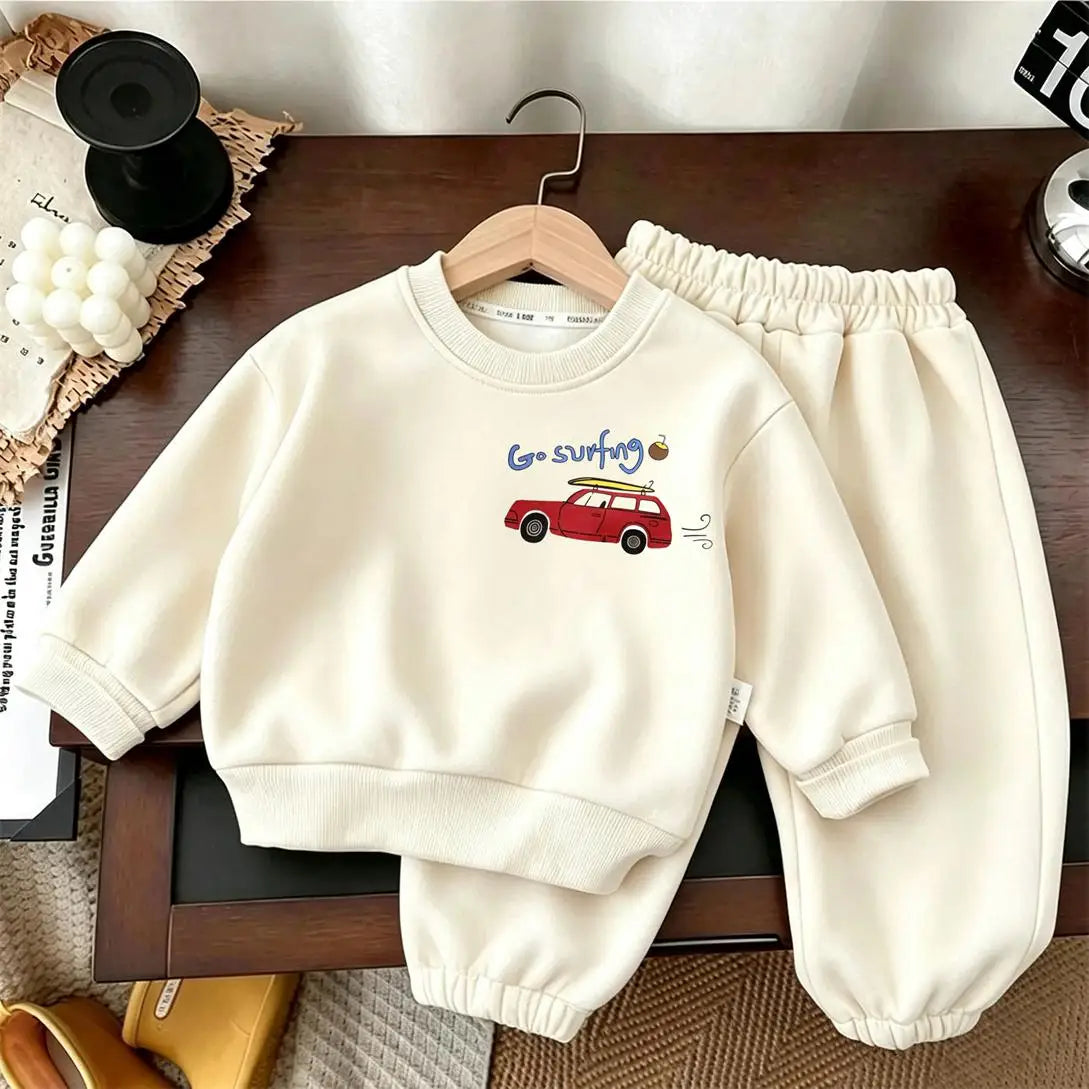 Autumn Costume Long-sleeved Outfits Kids Round Neck Sweatshirts Solid Color Pants 2pcs Toddler New Printed Hoodie Trousers