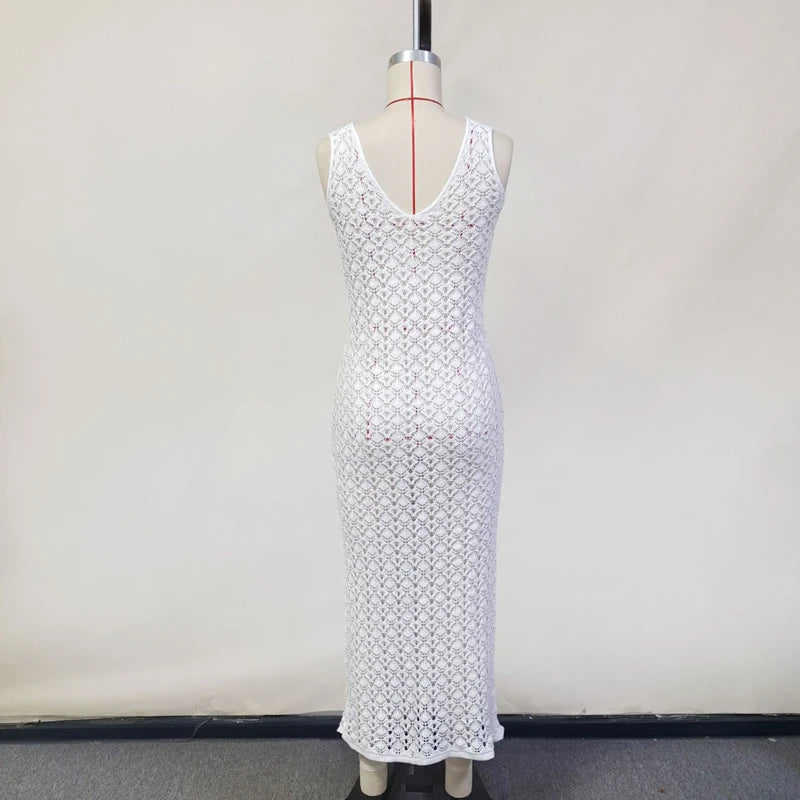 Solid Color Hollow Knitted Beach Vacation Dress Elegant Sleeveless Skinny Cover-up Dress Women Sexy Perspective Swimwear Dress