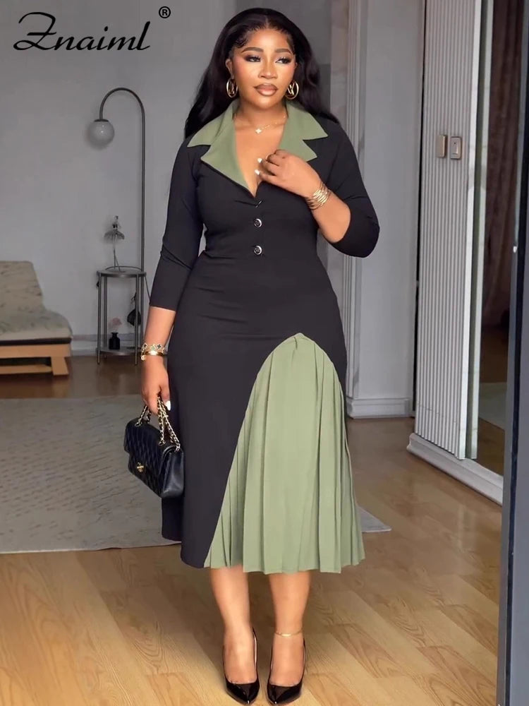 Znaiml Autumn Women's Patchwork Green Button Lapel V-neck A-line Long Sleeve Office Lady Dress Elegant Birthday Party Prom Gowns