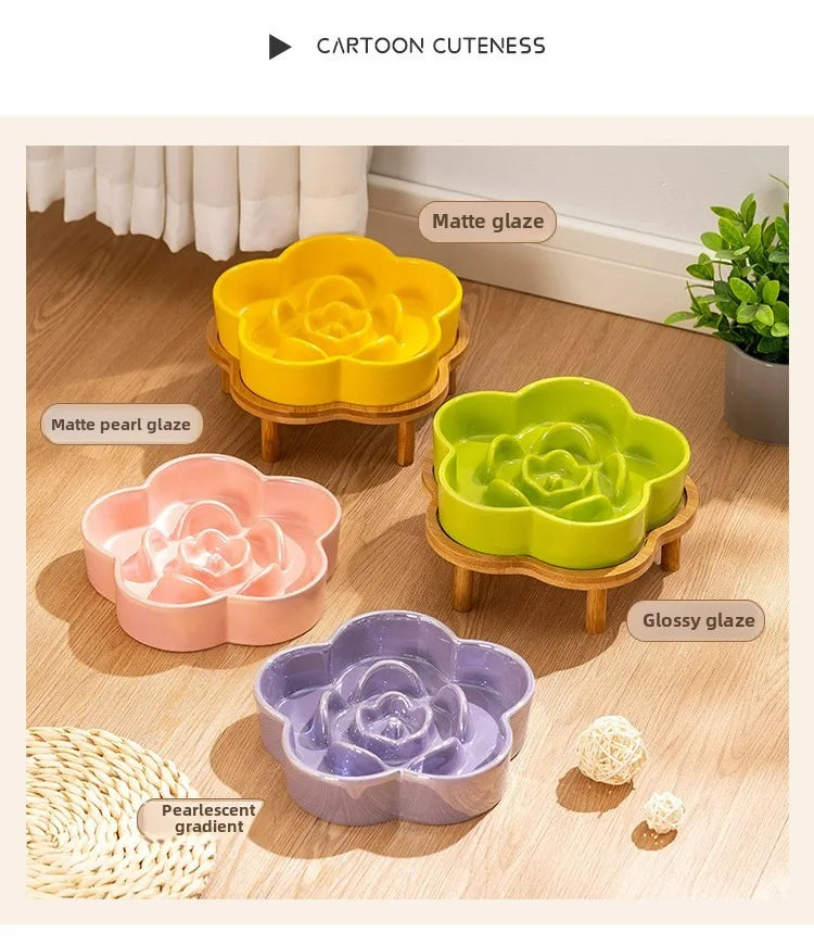 Ceramic Dog Slow Food Bowl Anti-choking Medium and Large Dog Food Basin Cat Bowl with Wooden Frame Pet Feeding Supplies With