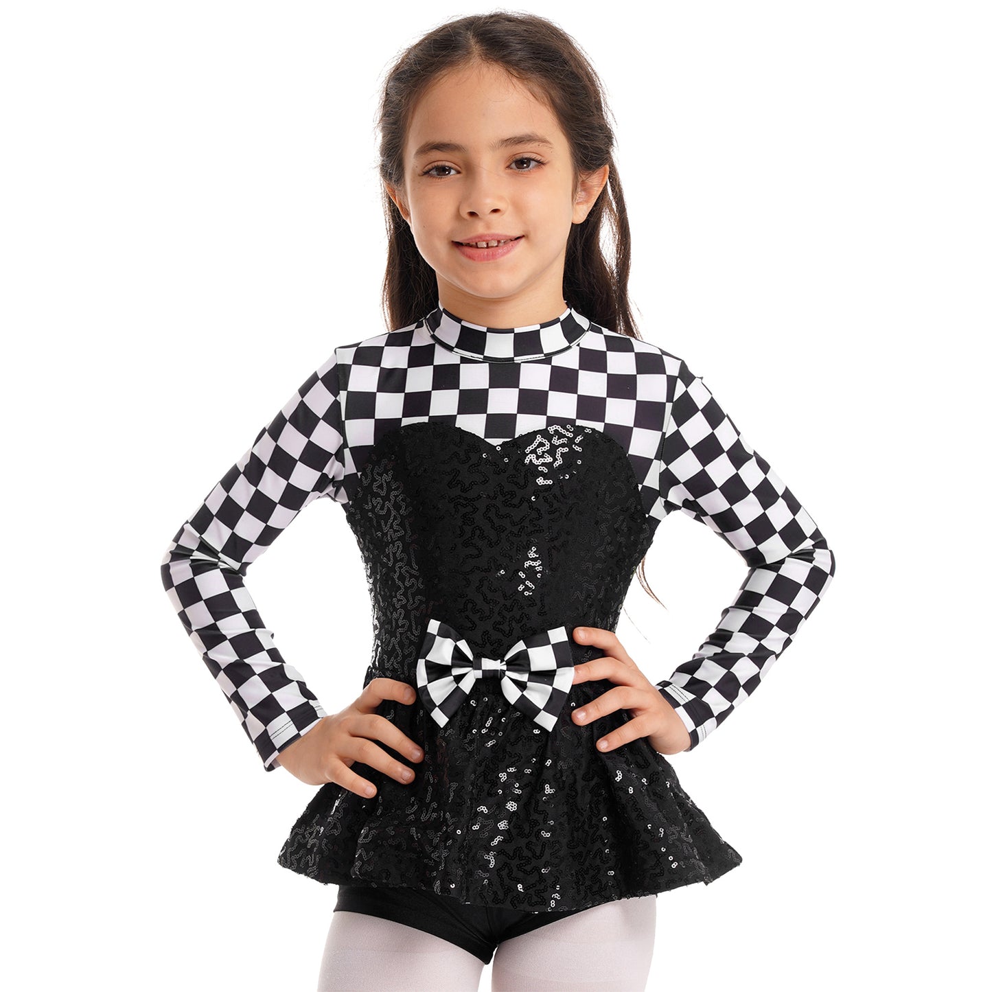 Kids Girls Checkerboard Racer Costume Halloween Car Driver Cosplay Leotard Dress with Tulle Skirt Themed Party Driving Roleplay