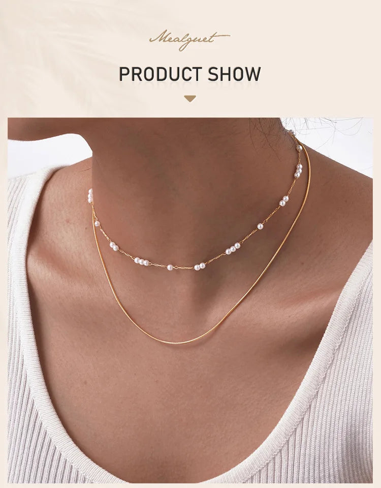 Pearl Choker Necklaces For Women, Double Layered Pearls Chain Necklace, Minimalist Stainless Steel Wedding Jewelry