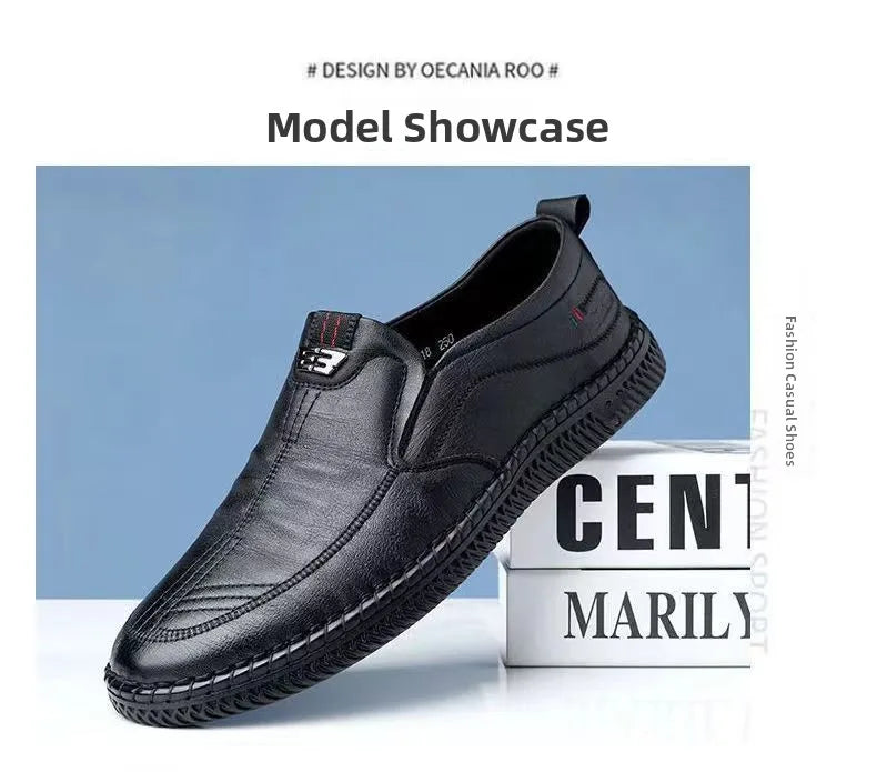 Men's Casual Thick Bottom Soft Sole Leather Shoes Dad Style Versatile Low Top Spring Autumn Season Breathable Slip-On Shoes