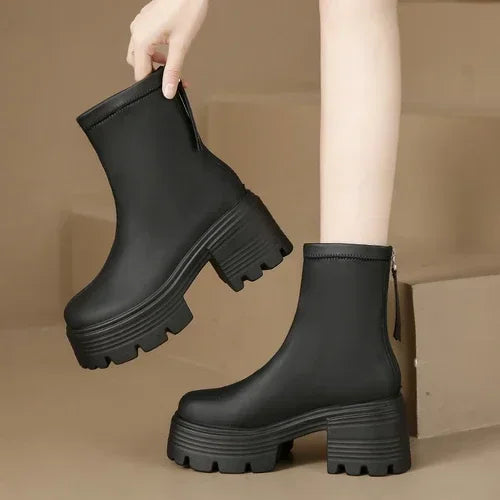 8CM Autumn Chunky Boots High Platform Leather Sneakers Women Round Toe Chelsea Boots British Style Thick Sole Female Ankle Shoes