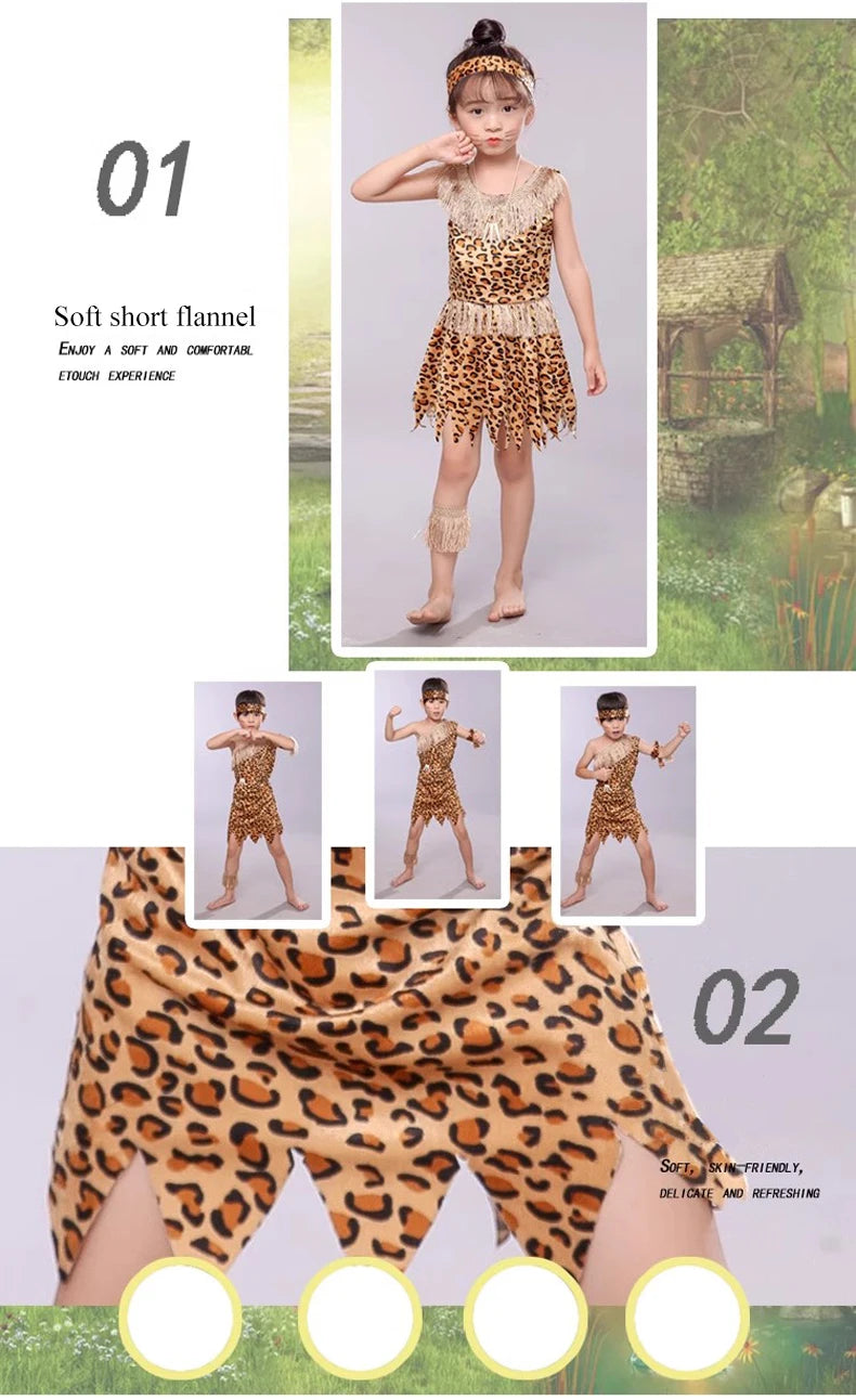 Halloween Costume Adult Kids Savage Caveman Costumes African Tribal Hunter Clothing for Girl Performance Costumes Cosplay Dress