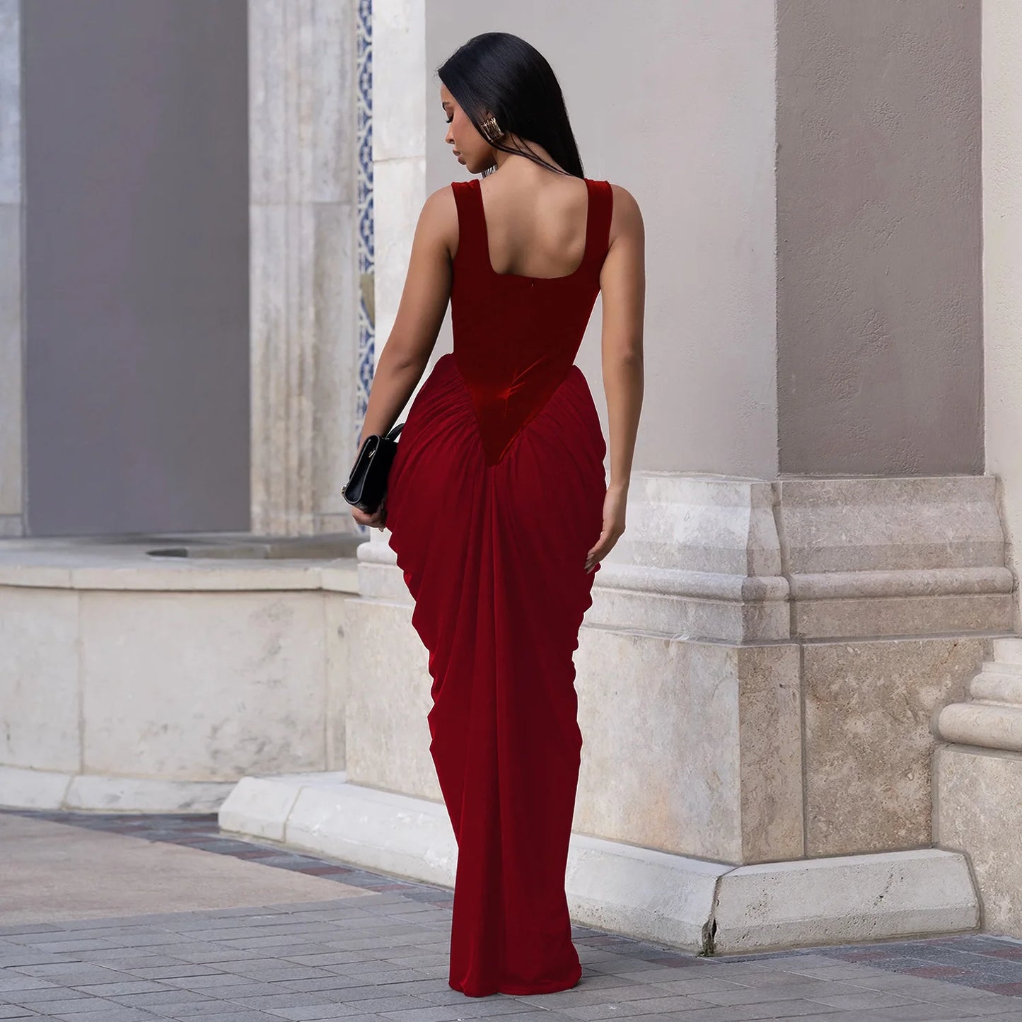 GLCMYAYA Women Velvet Stacked Ruched Sleeveless Bodycon Long Maxi Dresses 2026 Fall Party Trendy Birthday Evening Dress Vestidos
