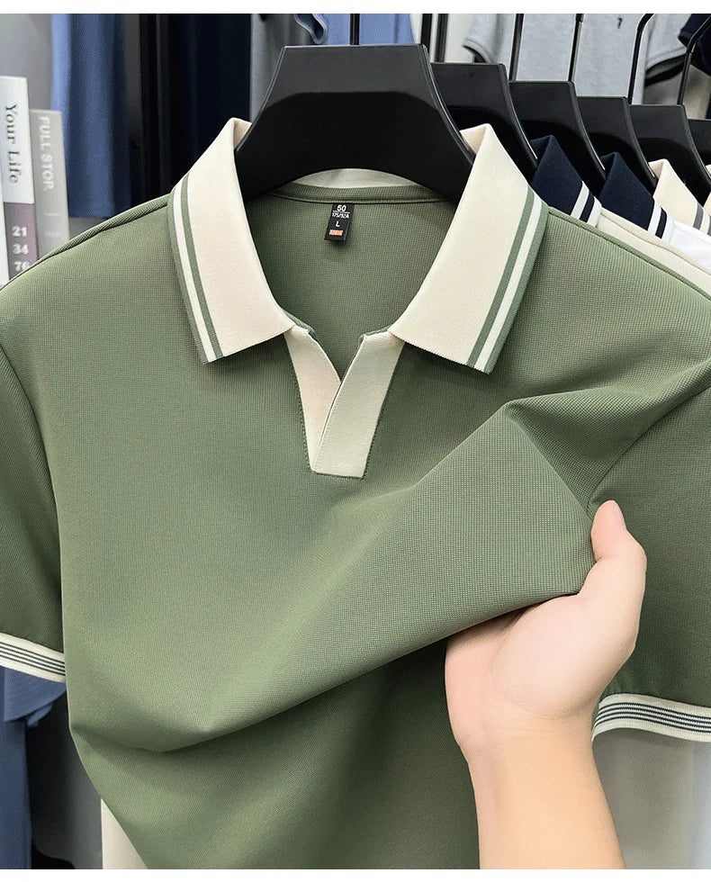 Light luxury summer new short sleeve polo shirt silky breathable high-end men's fashion personalized color blocked lapel T-shirt