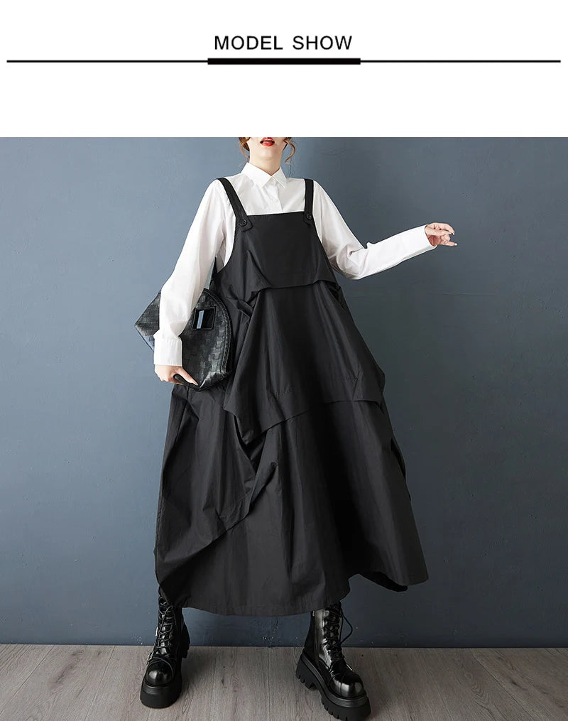 2025 Spring Autumn New Black Vintage Straps Dresses For Women Sleeveless Pleated Loose Casual Dress Robe Elegant Fashion Clothes