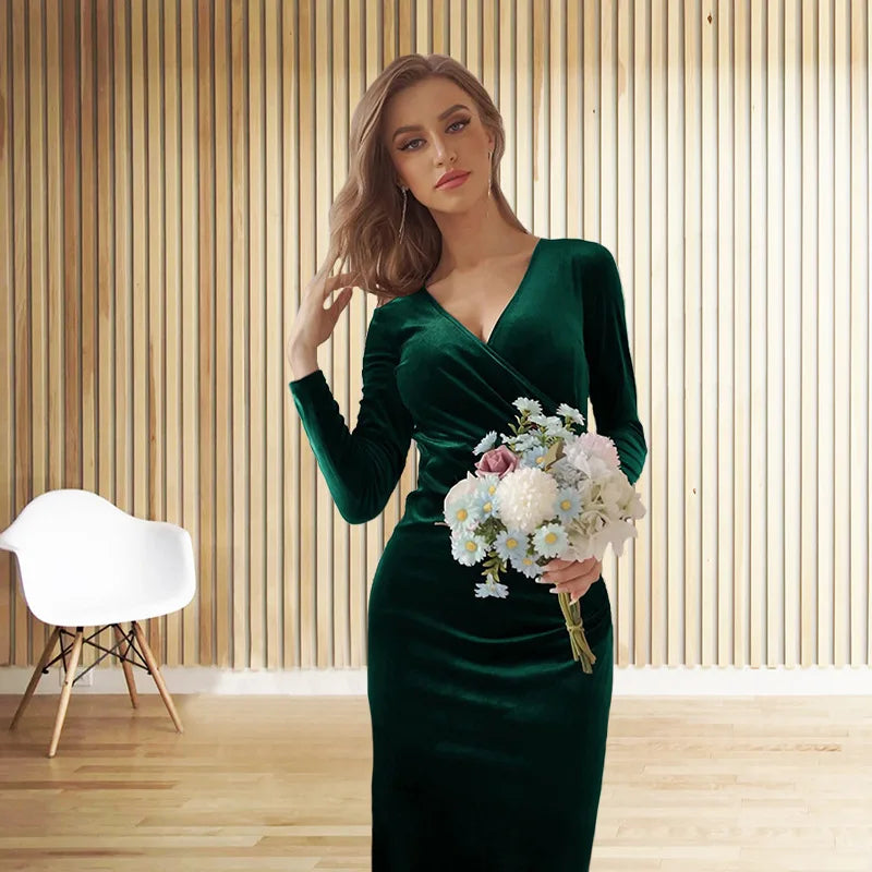 Lady Dress New Year Christmas Elegant vintage velvet autumn Winter V-neck long sleeve stretch waist length dress Party Dress