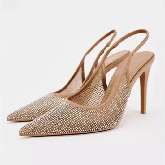 Luxury Designer Rhinestone Heeled Sandals Women Sexy Pointed Toe Mesh Breathable Thin High Heels Elegant Party Dress Pumps Shoes