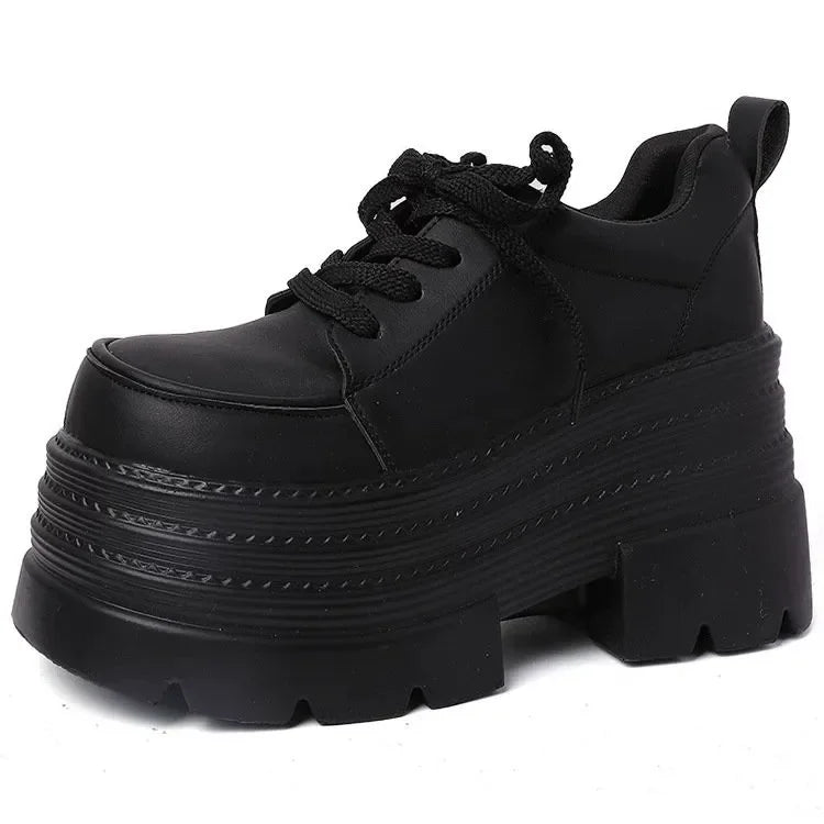 Women Platfrom Pumps Shoes Black Lace-up Leather Female British Style Spring Autumn New Heightening High Heels Mary Jane Loafers