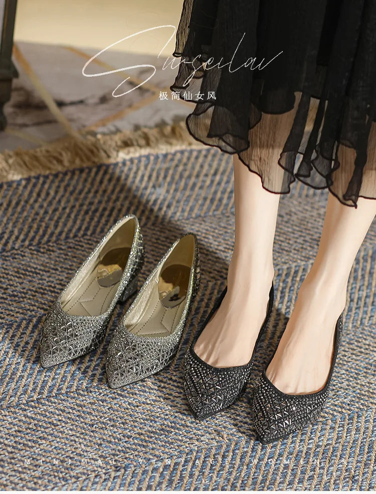 Sequines Cloth Gold rivets pumps women pointed toe glitter med-high heels shoes metal heeled female tacones elegant OL shoes